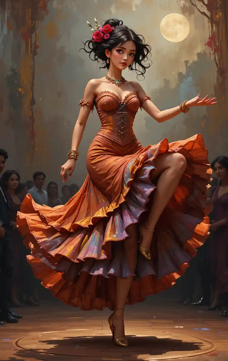 Ballerina di flamenco in equilibrio con tamburello e abito svolazzante