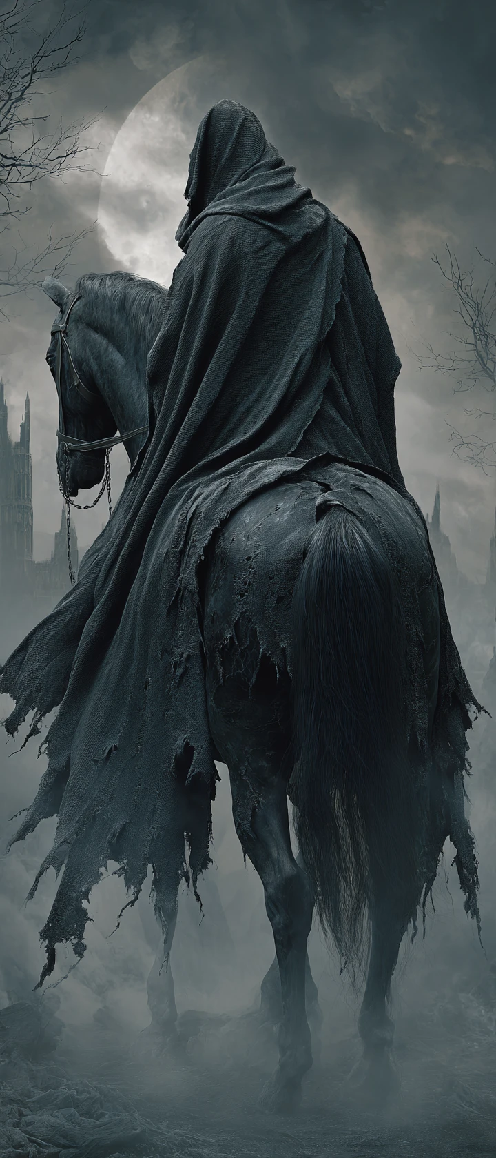 Dark hooded rider on a black warhorse under moonlight