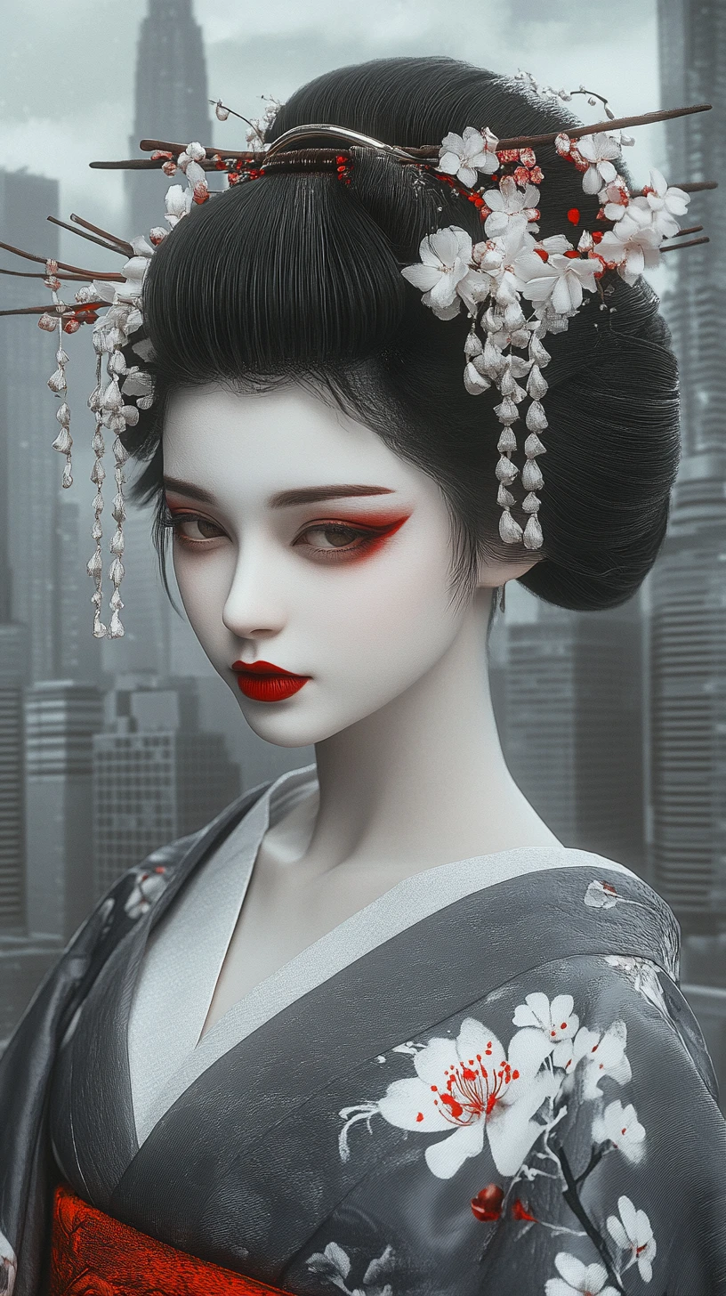 Retrato de geisha frente a un horizonte urbano en escala de grises y ambiente dramático