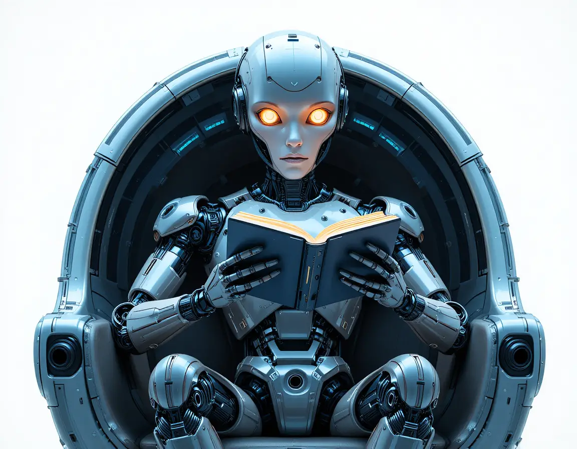 Robot umanoide che legge un libro su una sedia futuristica minimalista