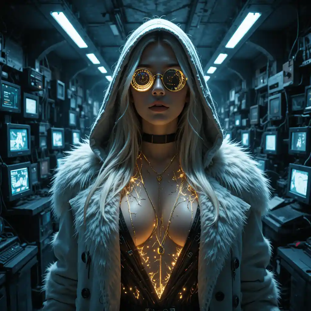 Femme fatale cyberpunk in un bunker in rovina – ritratto in primo piano