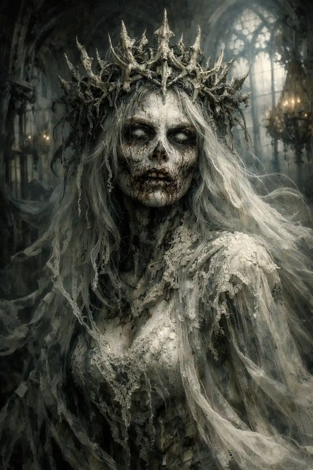 Ghostly zombie queen in a ruined gothic ballroom