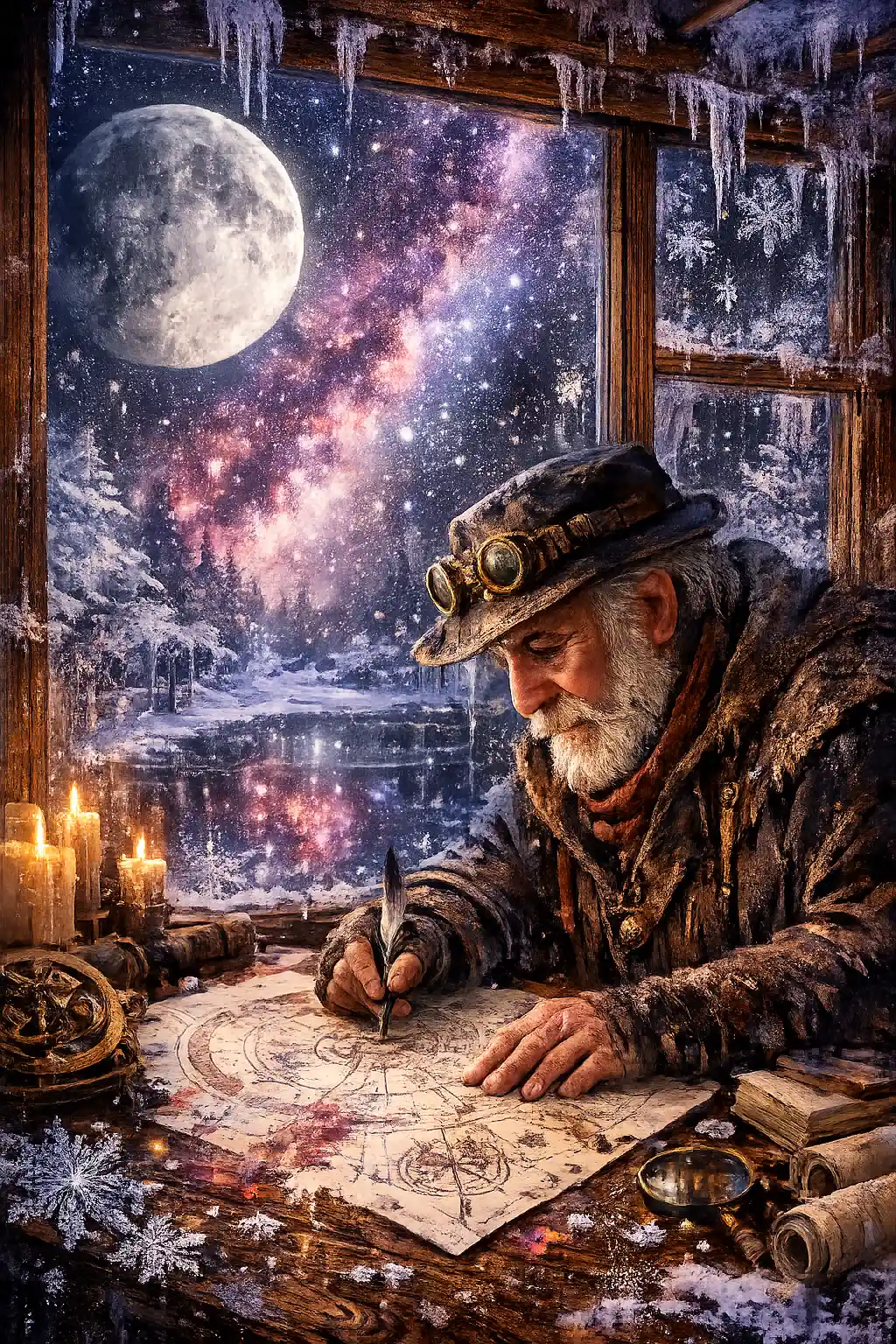 Jardin d’hiver au clair de lune vu à travers une fenêtre givrée
