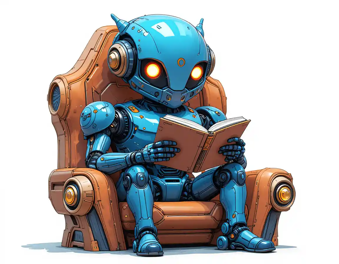 Robot umanoide che legge un libro su una sedia futuristica