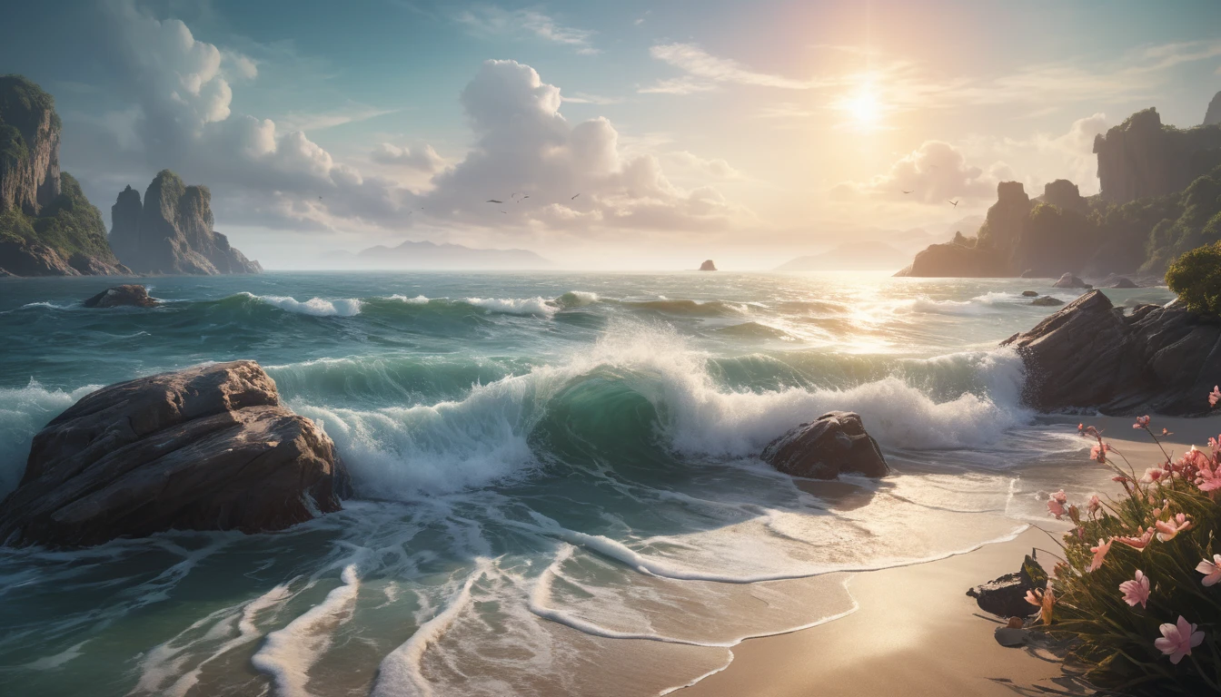 Paisaje marino de larga exposición con olas sedosas y costa bañada por el sol