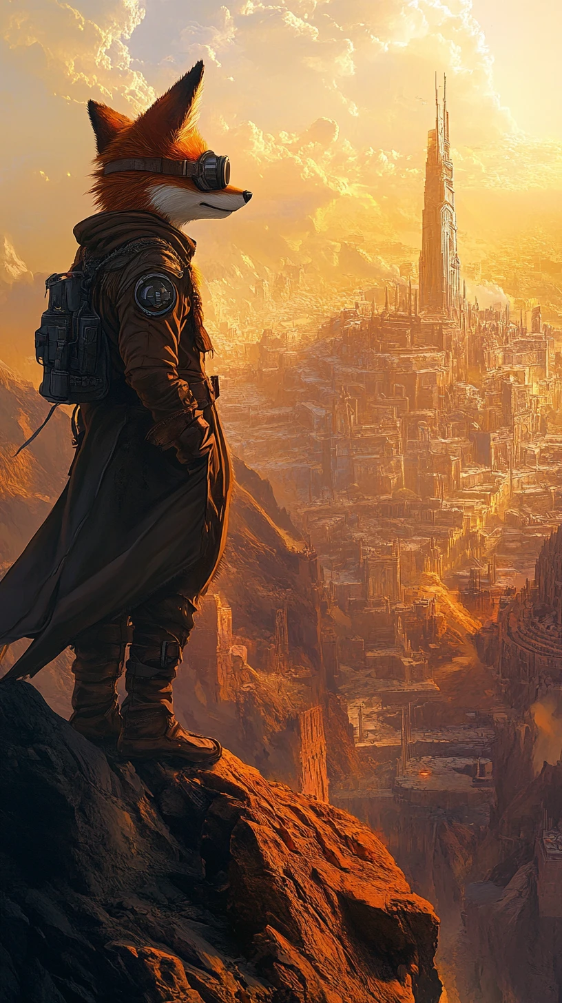 Aventurero zorro contemplando una vasta ciudad de fantasía al atardecer