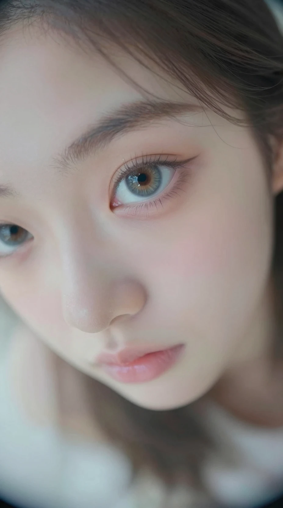 Portrait surréaliste en fisheye d’une fille au regard tourné vers le ciel