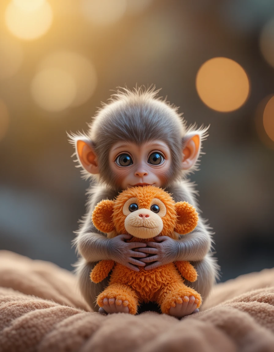 Bebé mono abrazando un suave peluche naranja