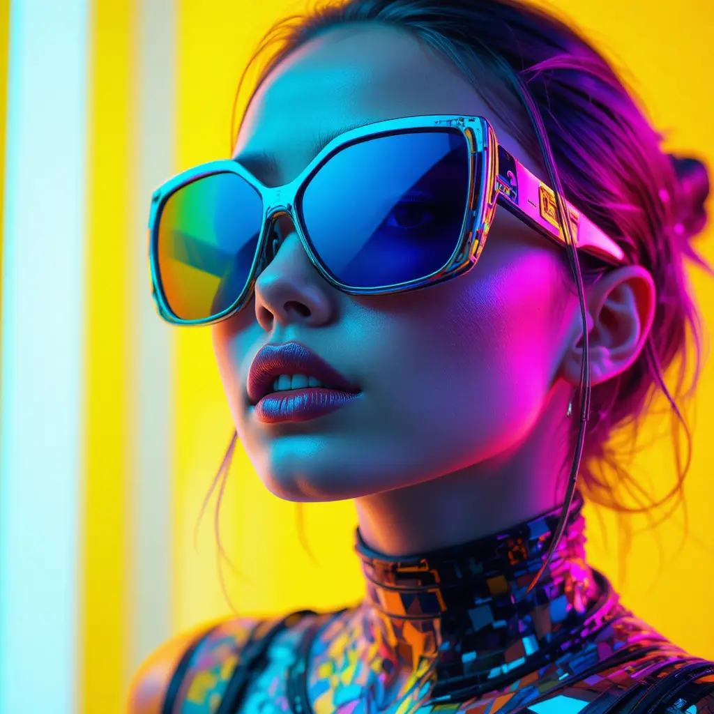 Futuristic woman portrait with bold sunglasses on yellow background
