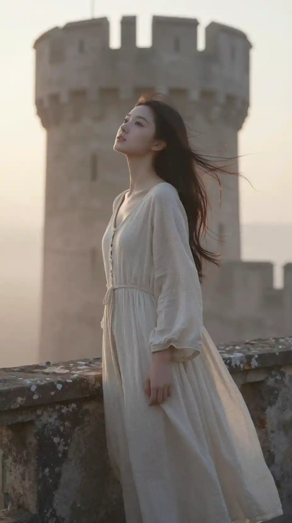Donna sulla torre di un castello all’alba in una soffice luce dorata
