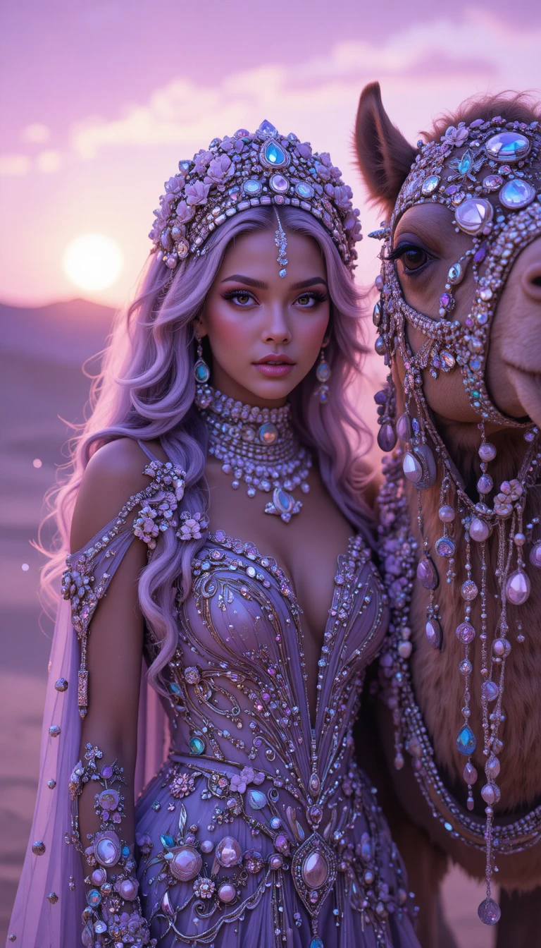 Glamorous jeweled woman beside decorated camel at sunset