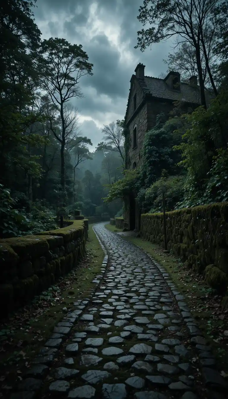 Cobblestone path through eerie forest beside abandoned building