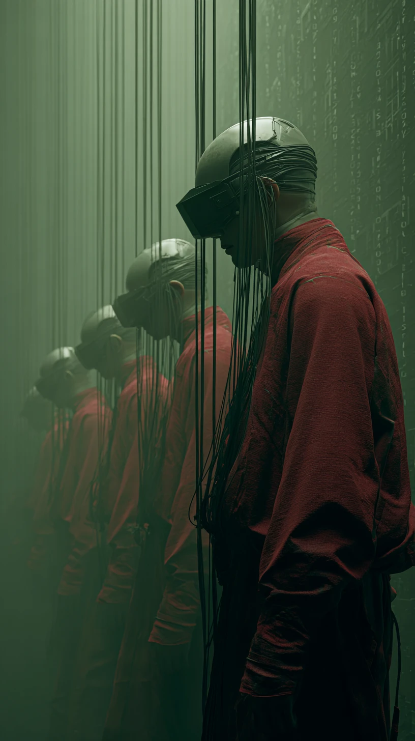 Gruppo di schiavi incatenati in una cupa industria cyberpunk