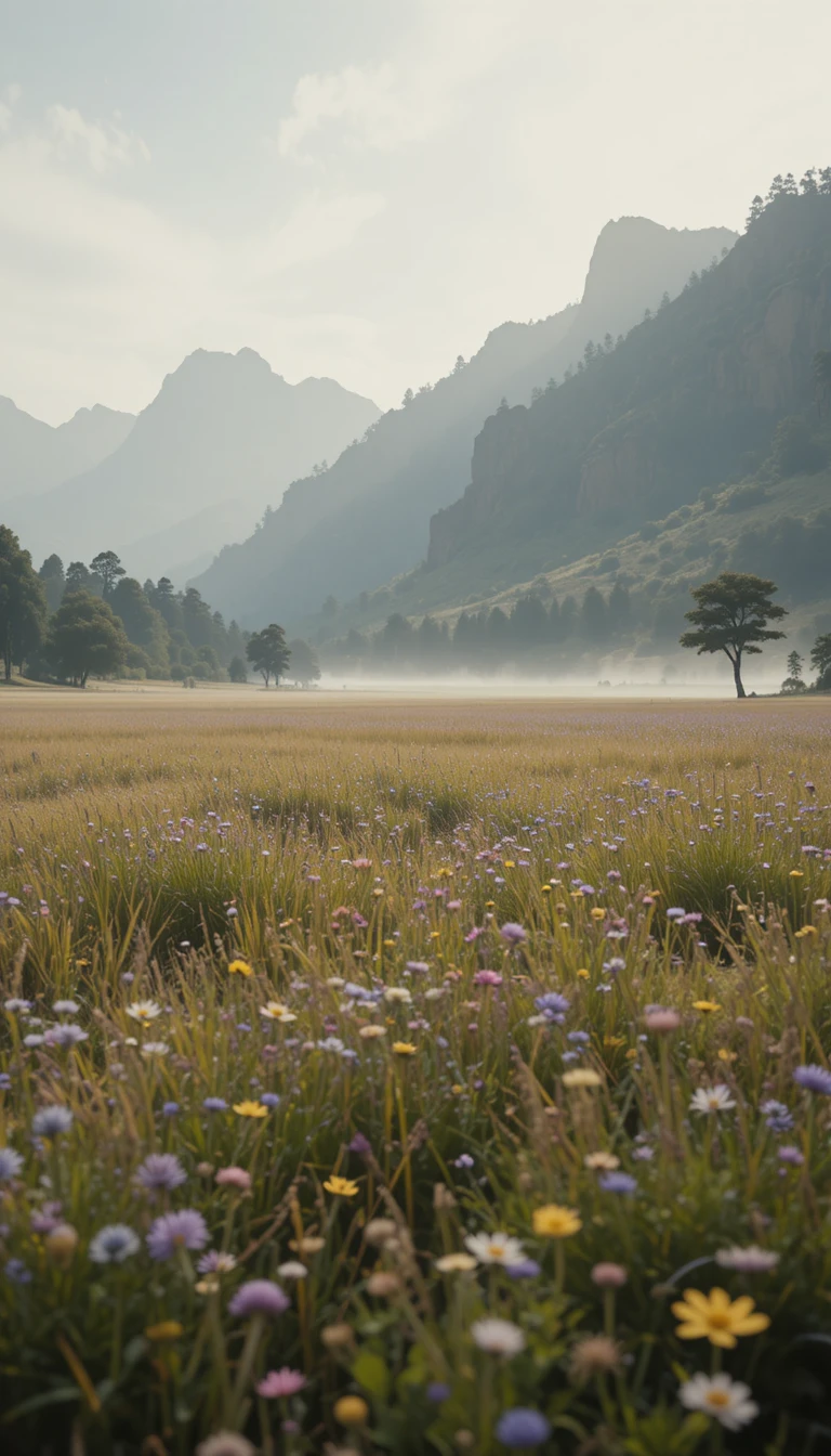 Weite mittelalterliche Graslandschaft unter uralten Bäumen im Morgengrauen