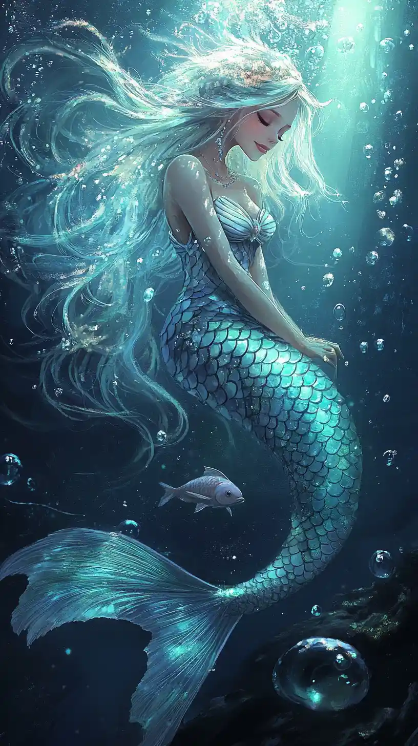 Sereia fantasiosa e graciosa flutuando em cena submarina luminosa