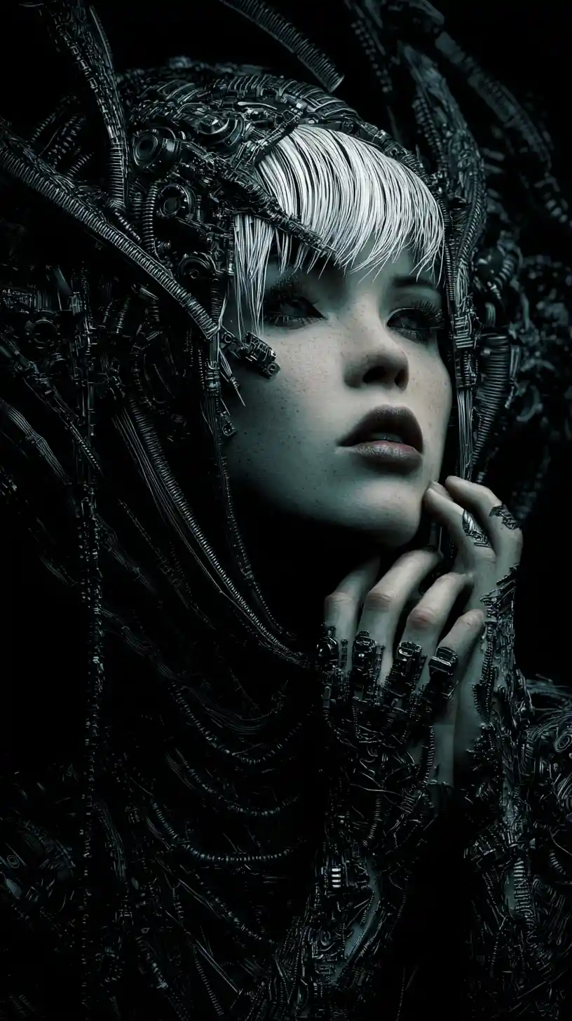 Femme cyberpunk futuriste dans une sombre ville industrielle