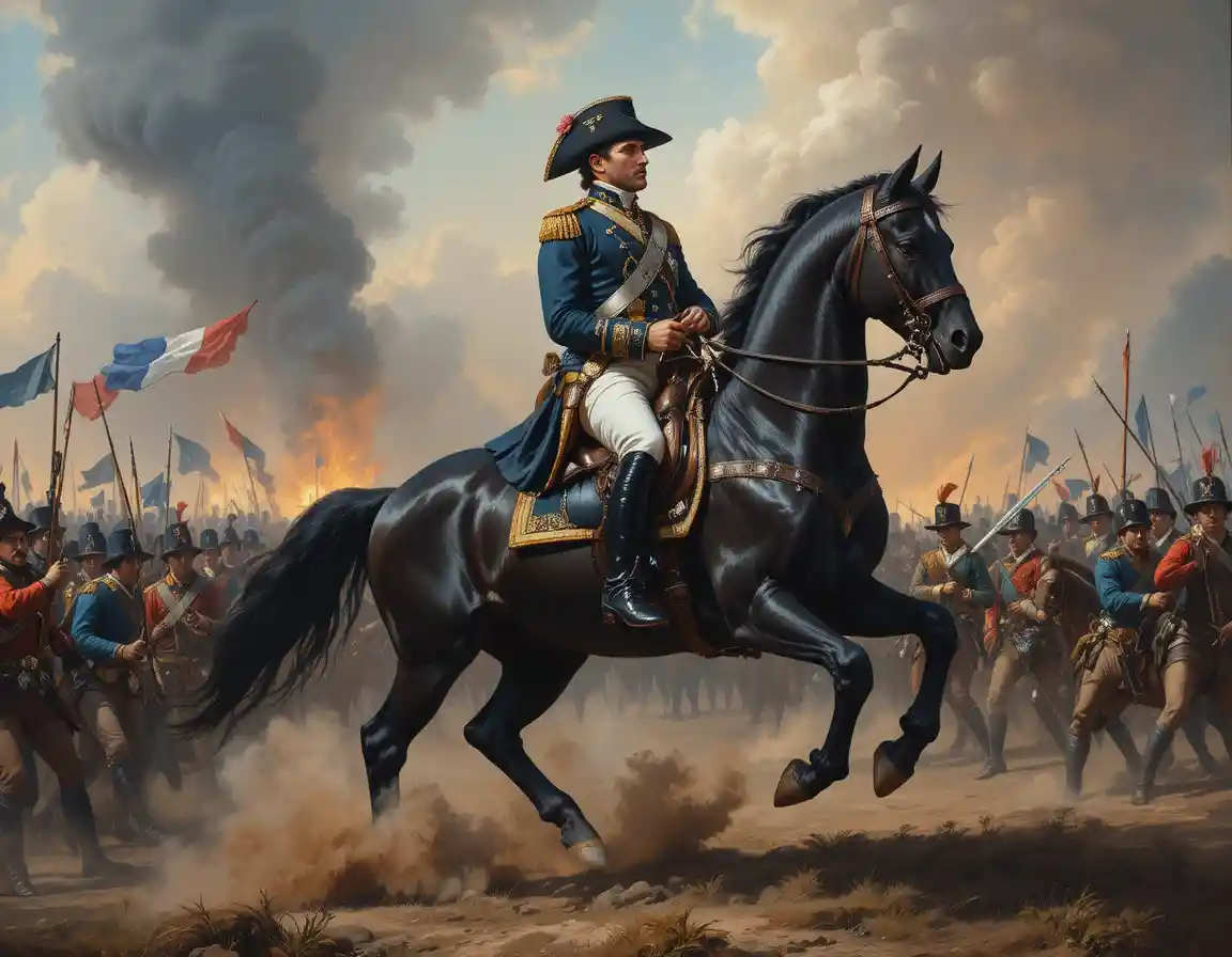 Napoléon à cheval menant des troupes à travers un champ de bataille sombre