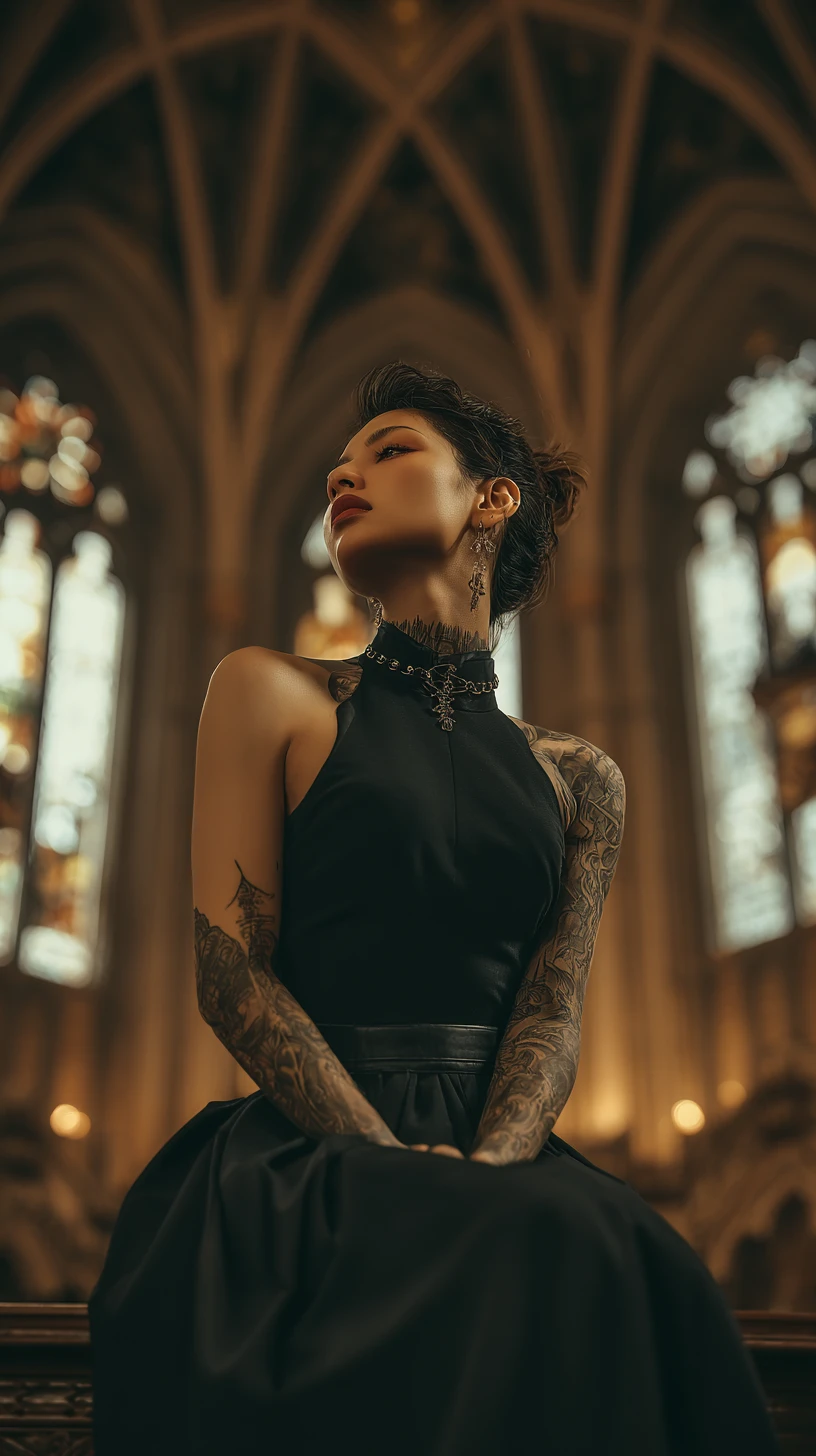 Mujer musculosa con vestido negro sentada sola en una iglesia