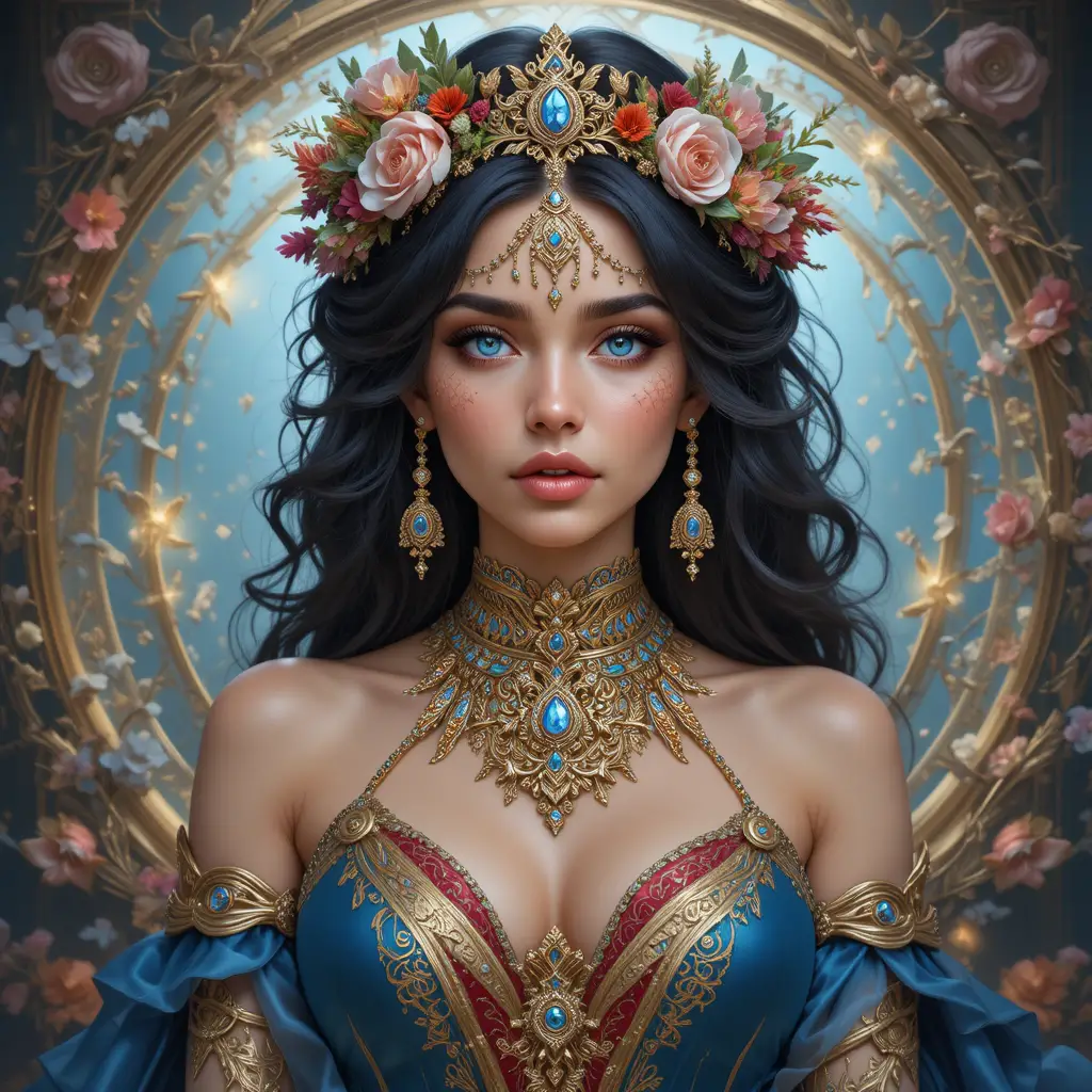 Fantasy portrait of a jeweled girl with floral crown