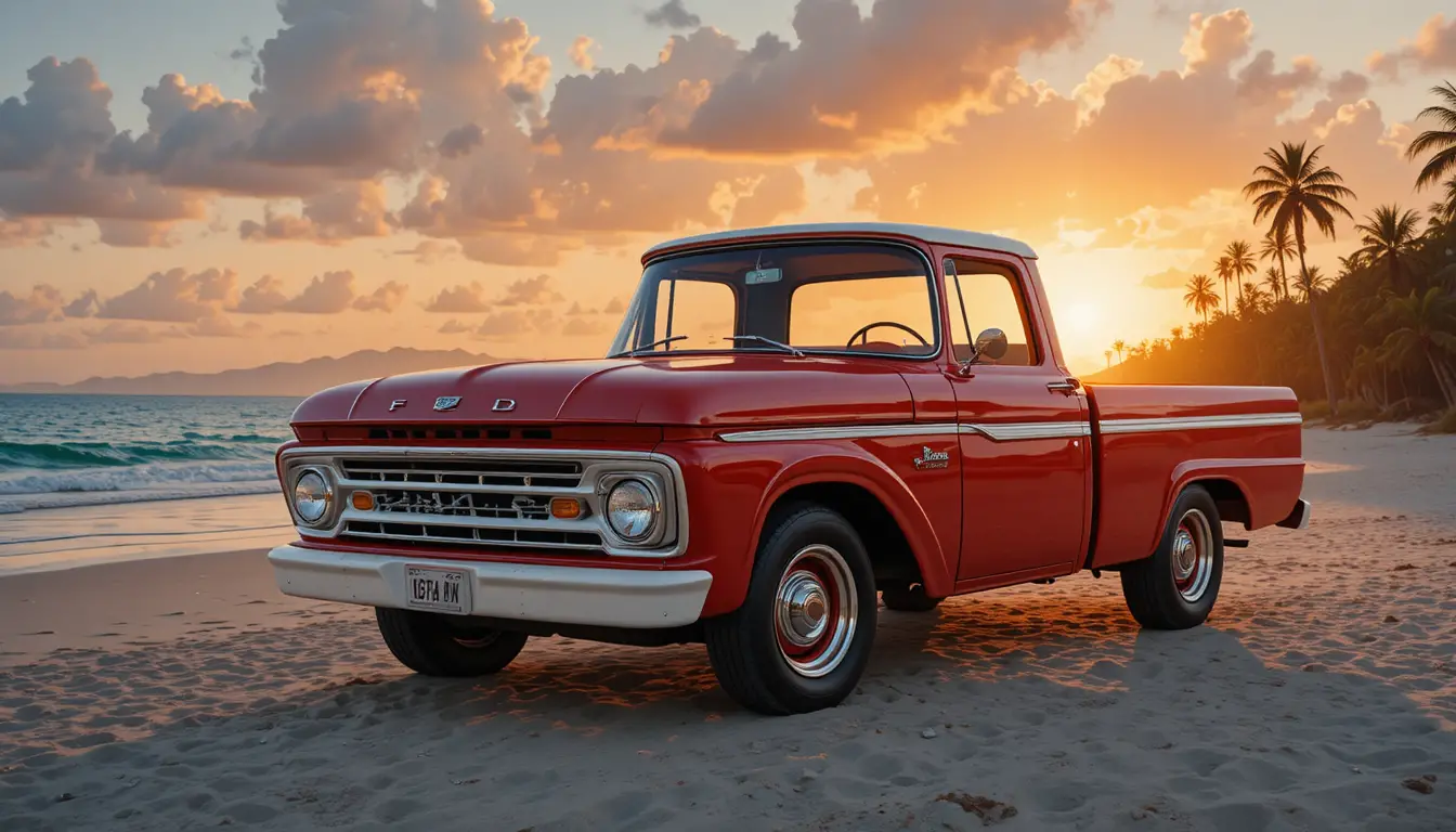 Vintage red and white pickup truck at sunset beach