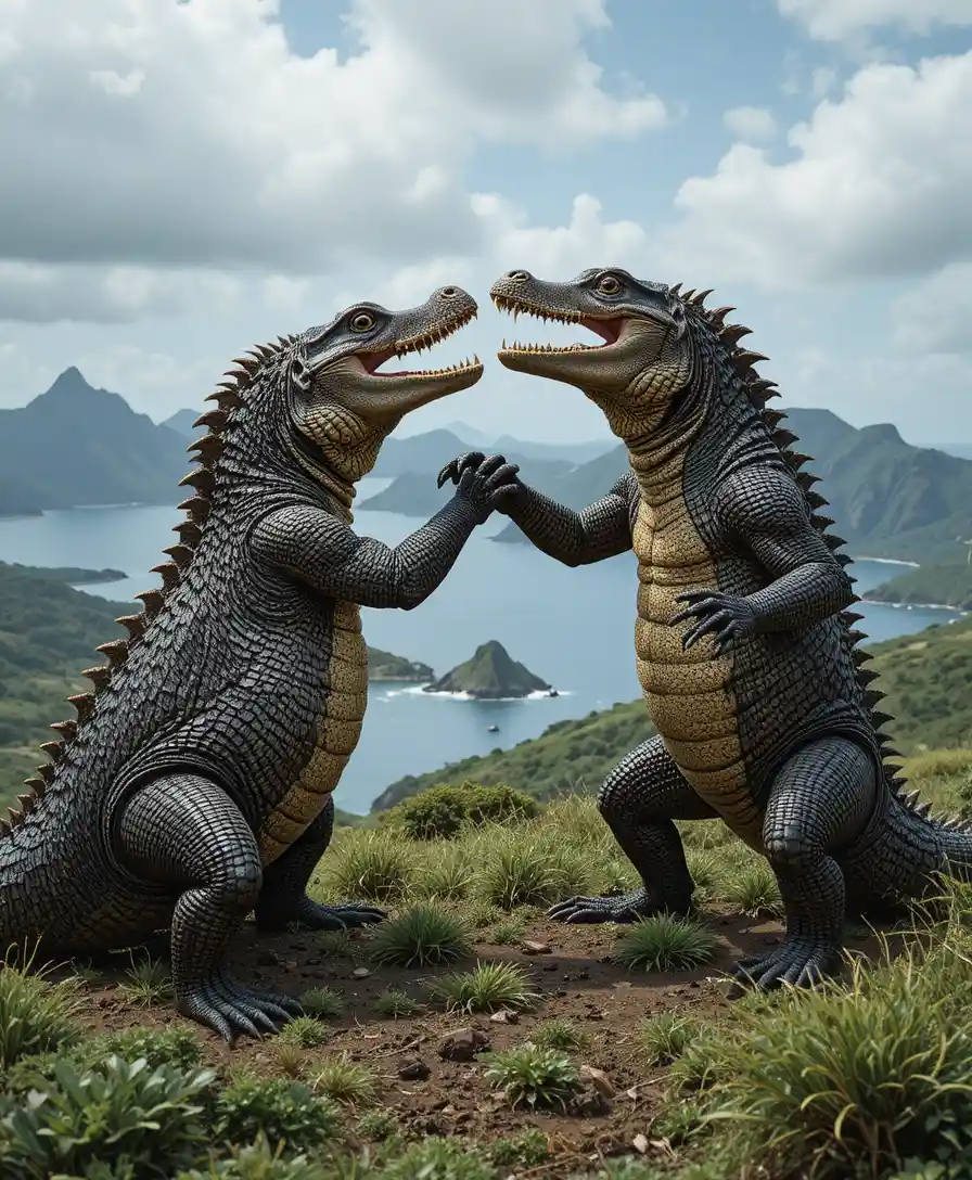 Komodo dragons locked in combat on a grassy coastal hill