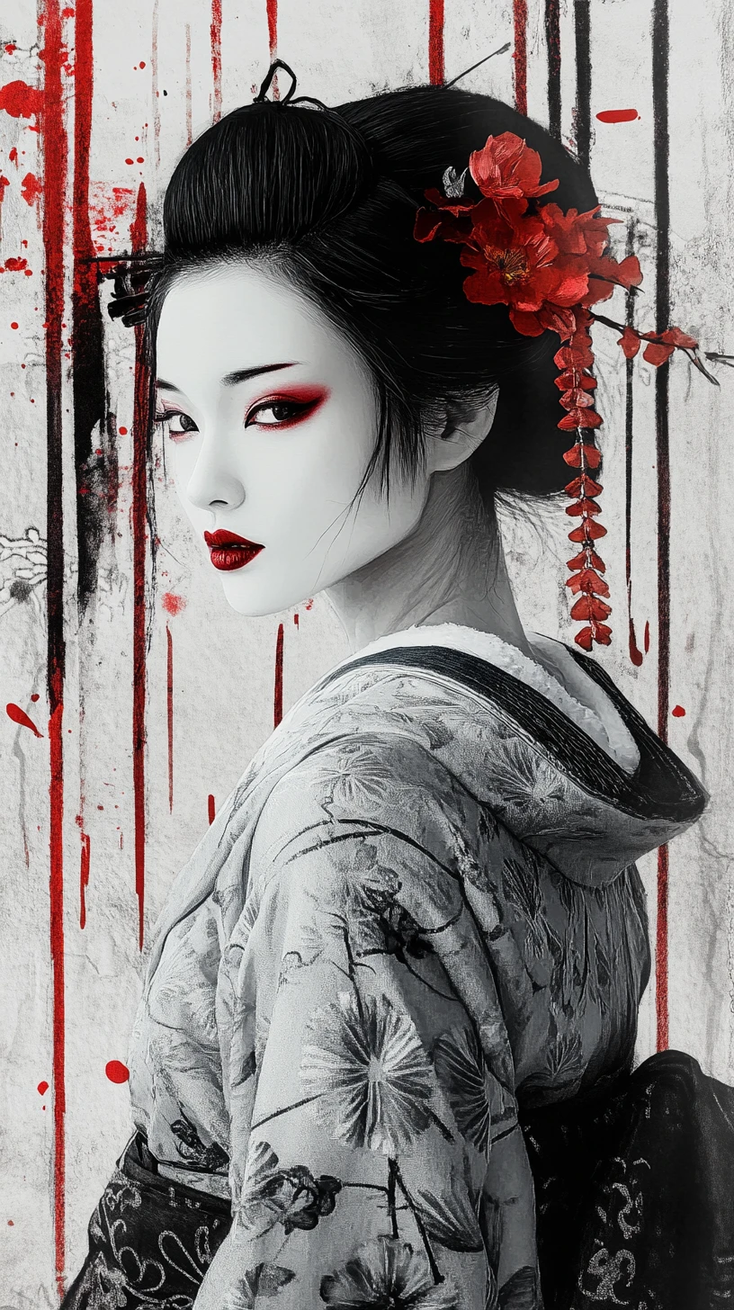 Geisha-Porträt im grauen Kimono mit rotem Blumenhaarschmuck