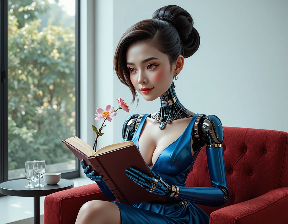 Humanoider Roboter liest ein Buch in einem minimalistischen Arbeitszimmer