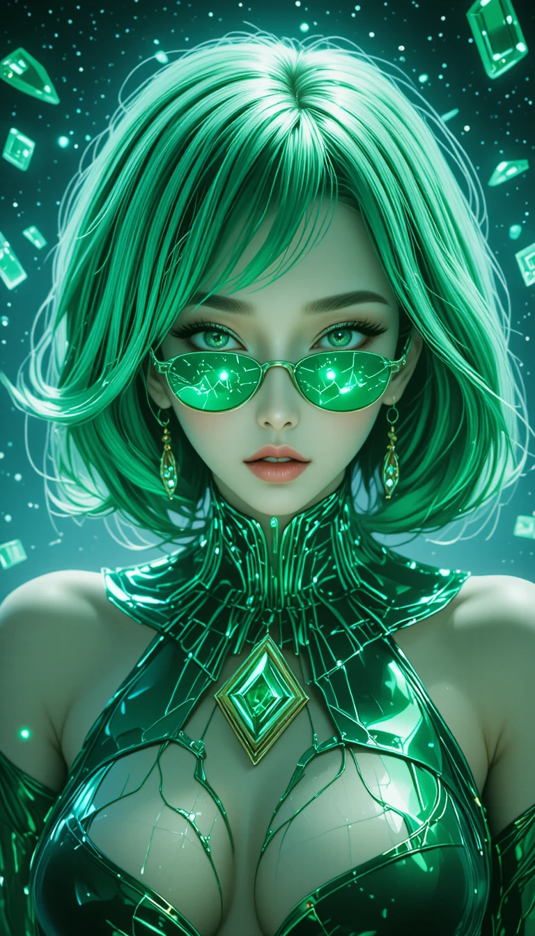 Cyberpunk woman with emerald hair and floating green crystals