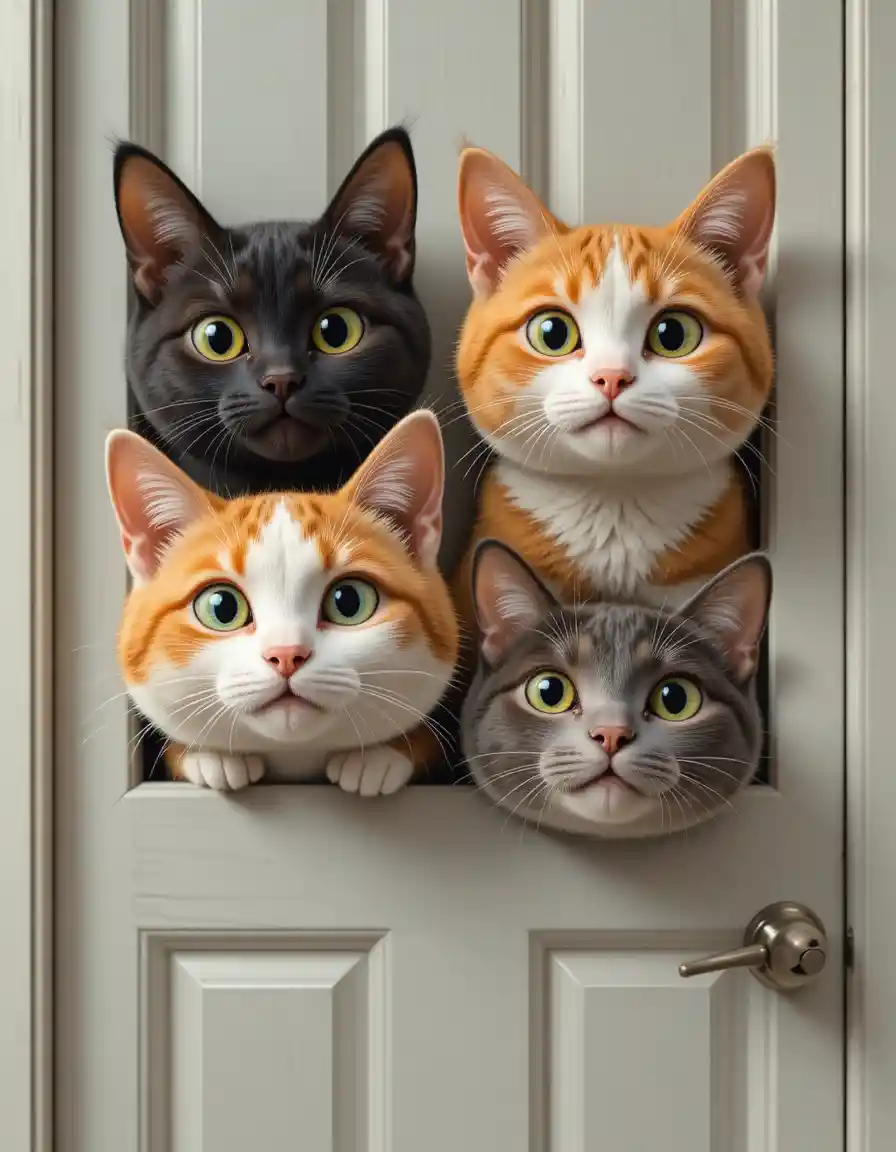 Four curious cartoon cats peeking from a doorway in a row