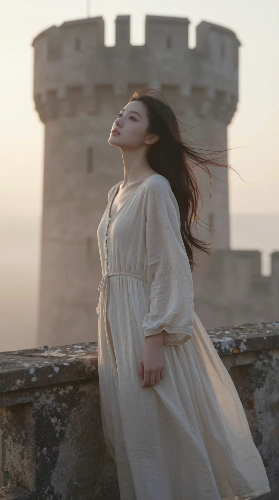 Woman on castle tower at sunrise in soft golden light