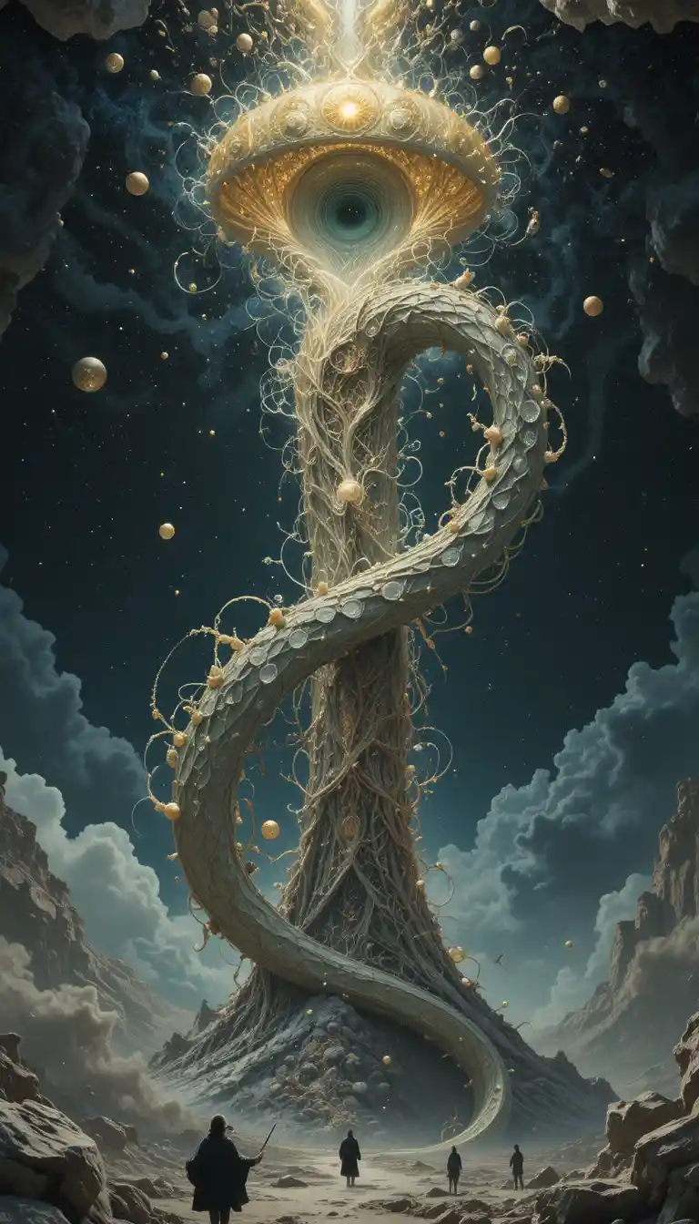 Serpente primordiale ouroboros avvolto nel vuoto cosmico