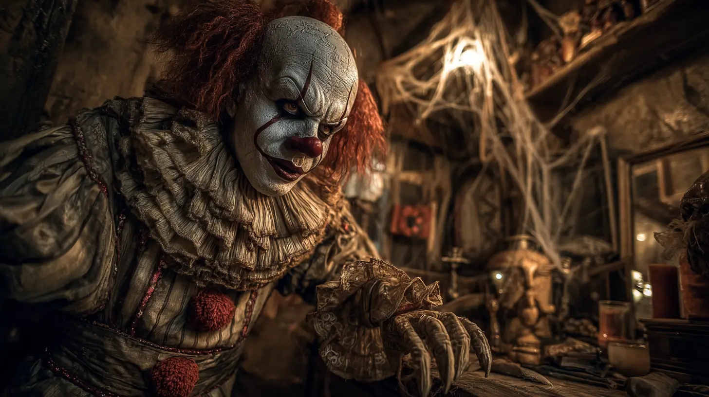 Böser Clown lauert in der Ecke eines verwunschenen barocken Zimmers