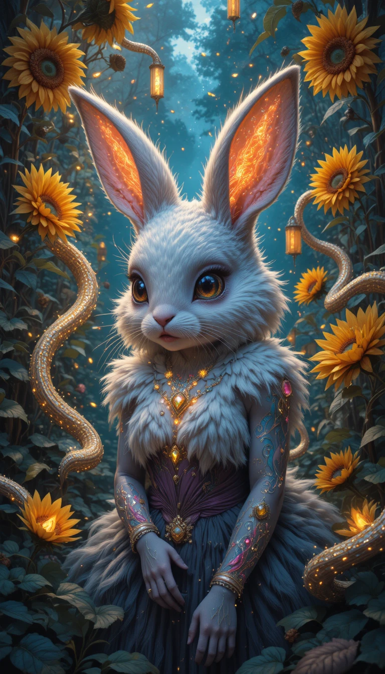Cute fantasy rabbit with glowing jeweled ears in forest