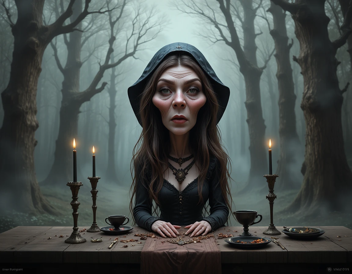 Donna gotica in una foresta oscura con candele e teschio