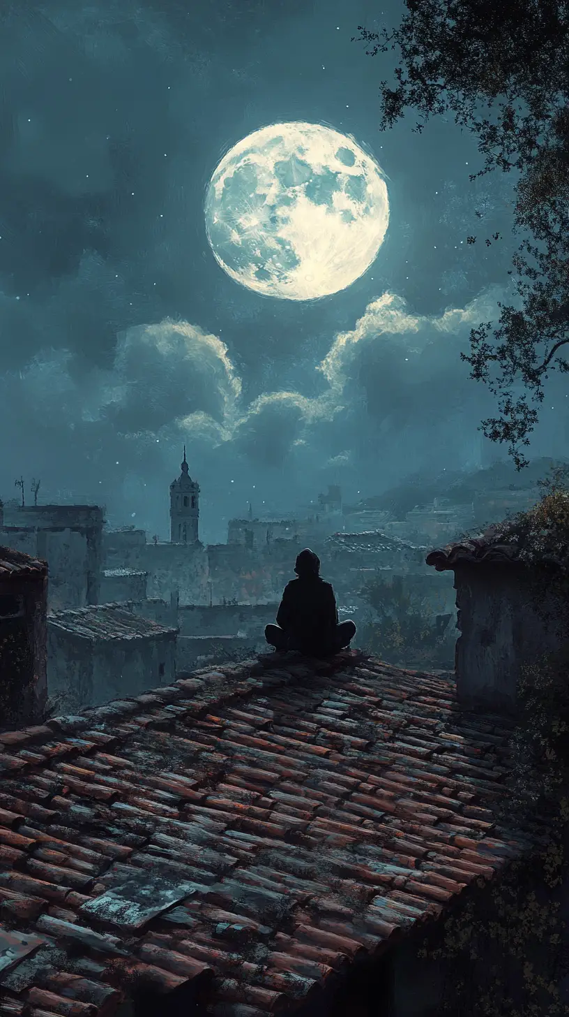Figura solitaria sul tetto sotto una luna piena luminosa