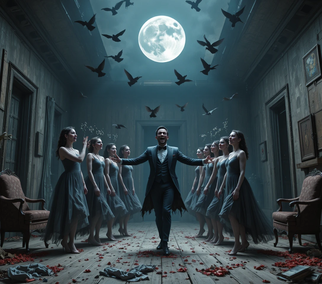 Macabre dancers performing in a decaying haunted house