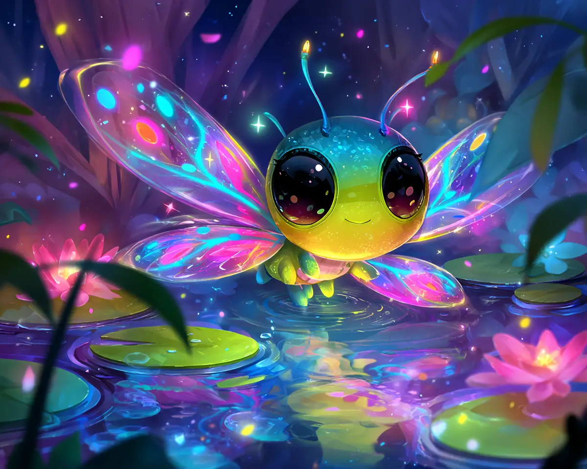 Cute Neon Firefly Close Up In A Magical Fantasy Tree