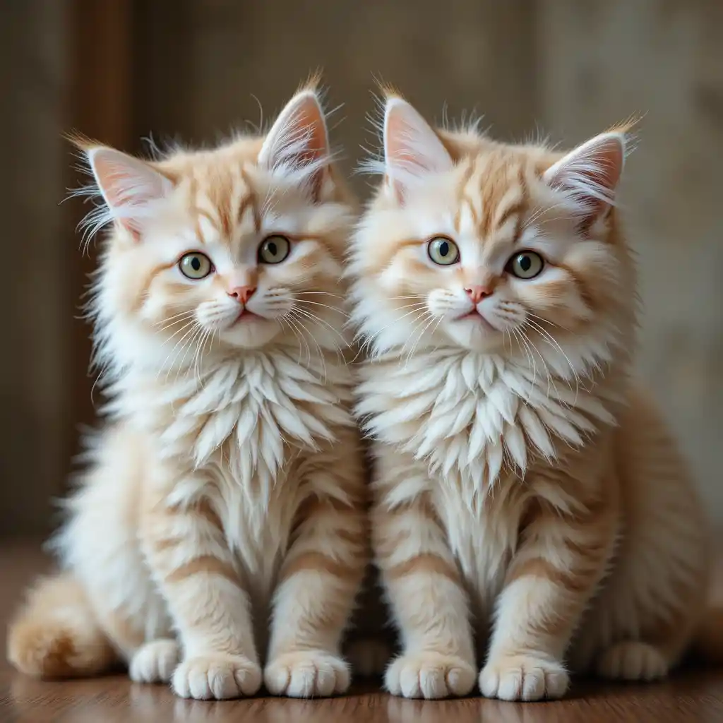 Zwei identische flauschige Katzen sitzen zusammen und schauen in die Kamera