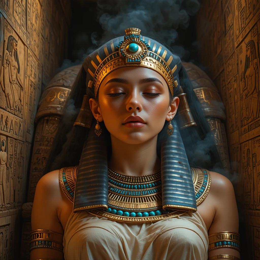 Reina del antiguo Egipto descansando en paz en una tumba dorada