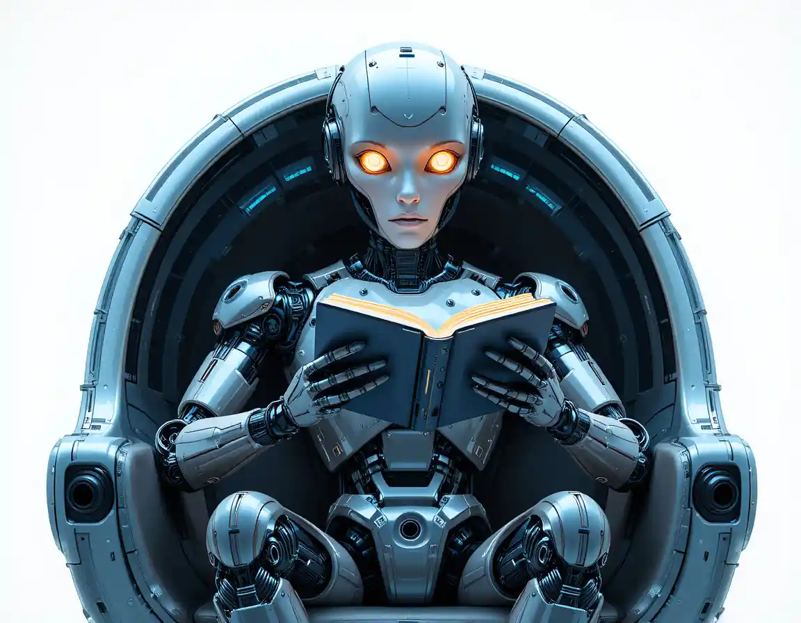 ミニマルな近未来チェアで本を読むヒューマノイドロボット