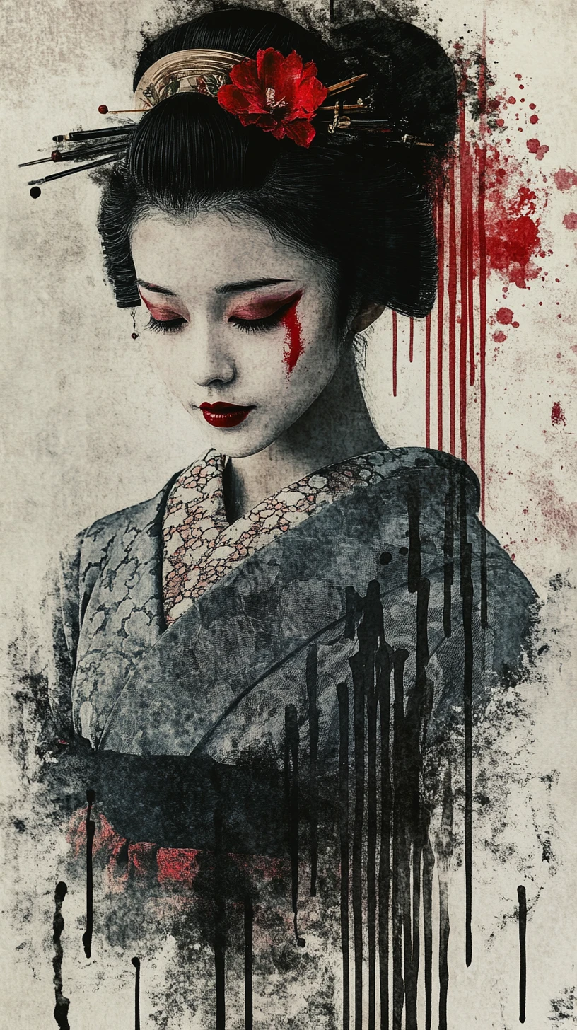 Retrato de geisha con kimono gris y adorno floral rojo en el cabello
