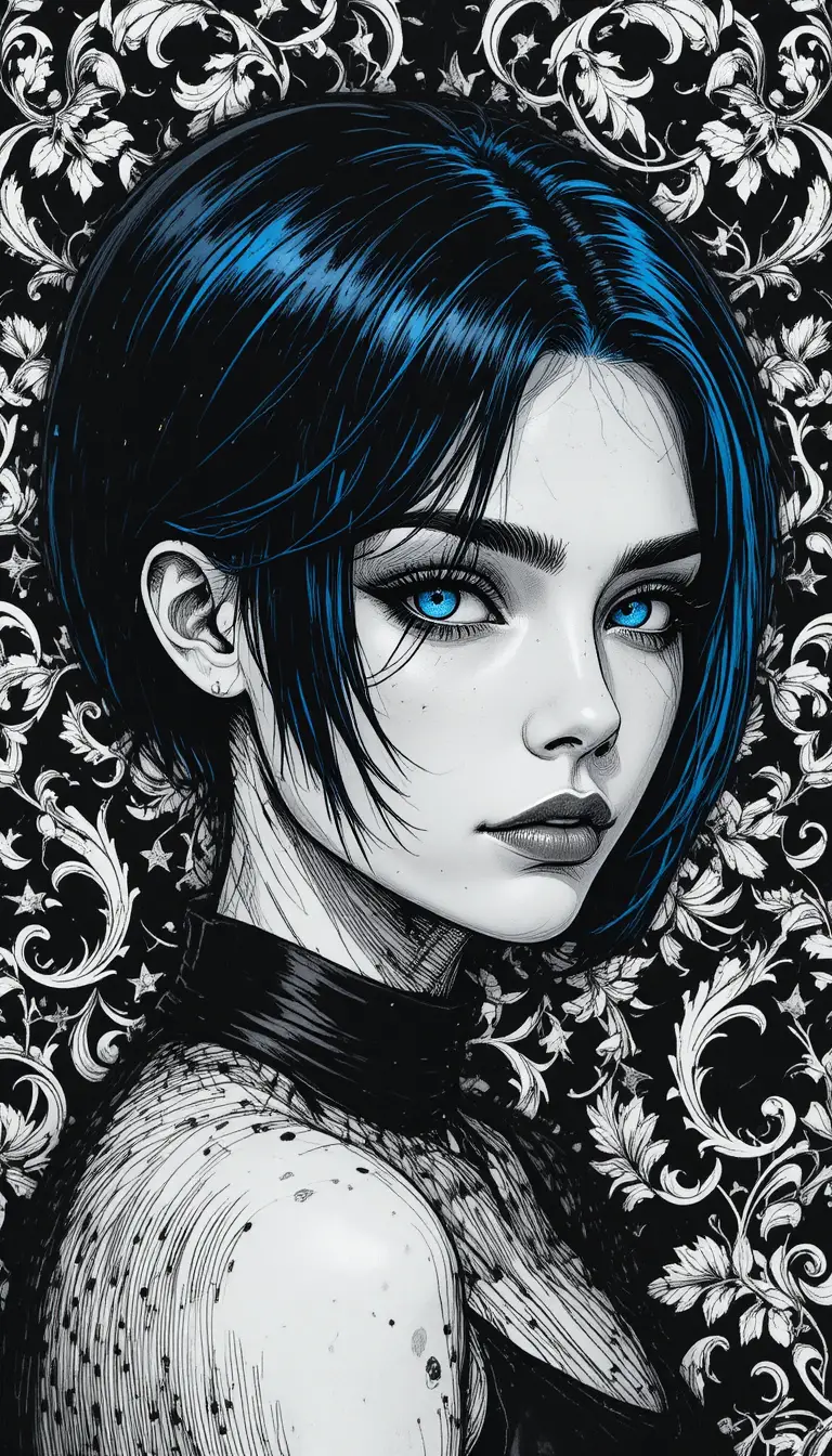 Manga portrait of an androgynous youth with electric blue eyes