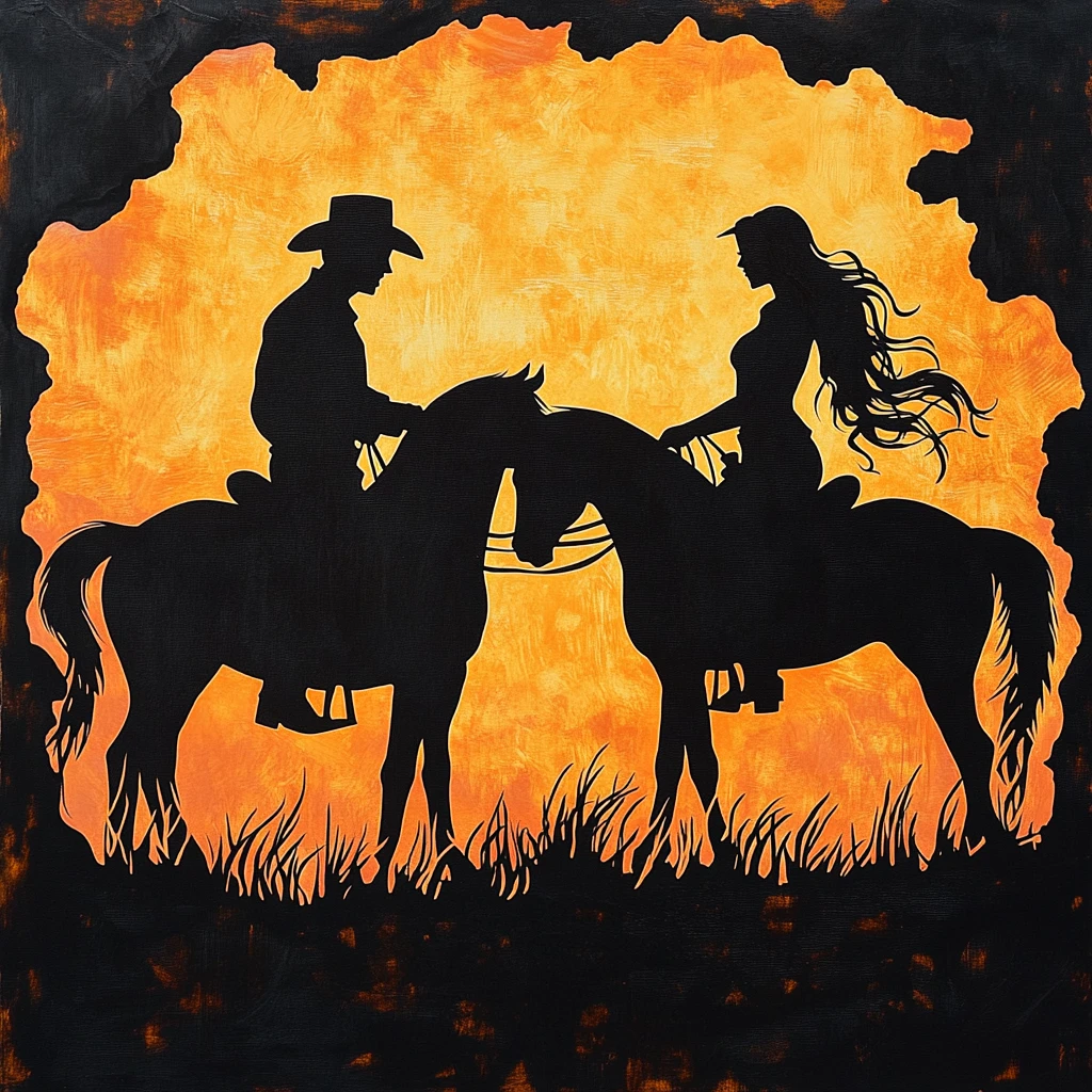 Silhouette couple on horseback holding hands at sunset