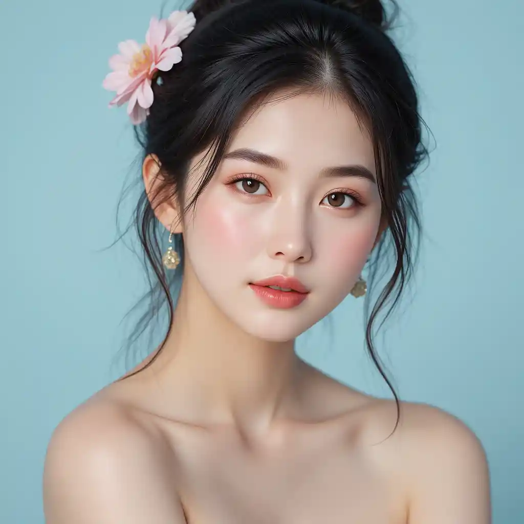 Retrato sereno de una joven con flores en el cabello