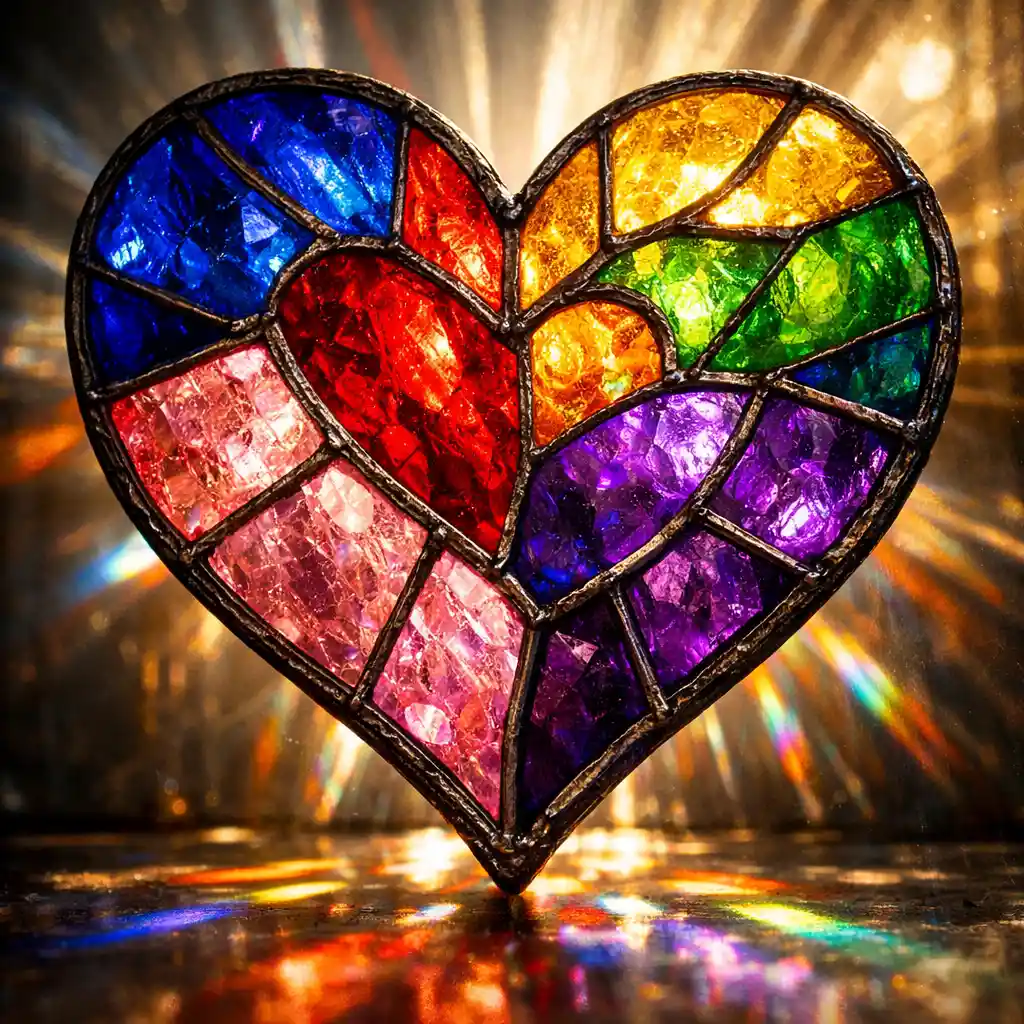 Rainbow stained glass heart with glowing prismatic light