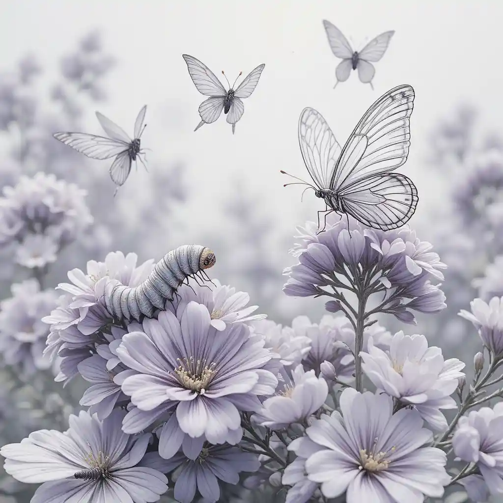 Delicate butterflies resting on pale lilac garden blooms