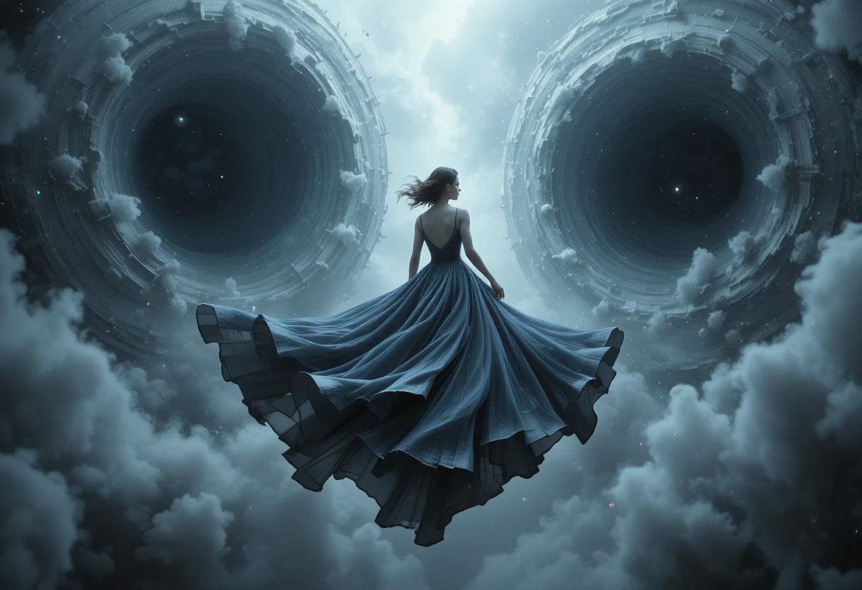 Ethereal woman drifting through a dark cosmos toward twin voids