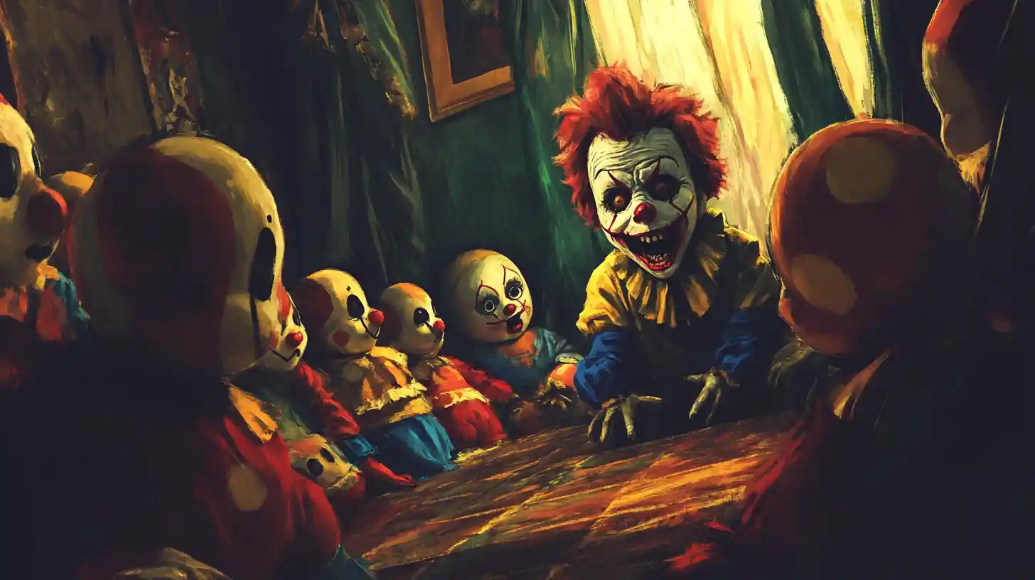 Small child playing among clown dolls in a room