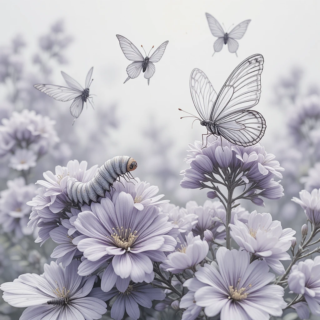 Delicate butterflies resting on pale lilac garden blooms