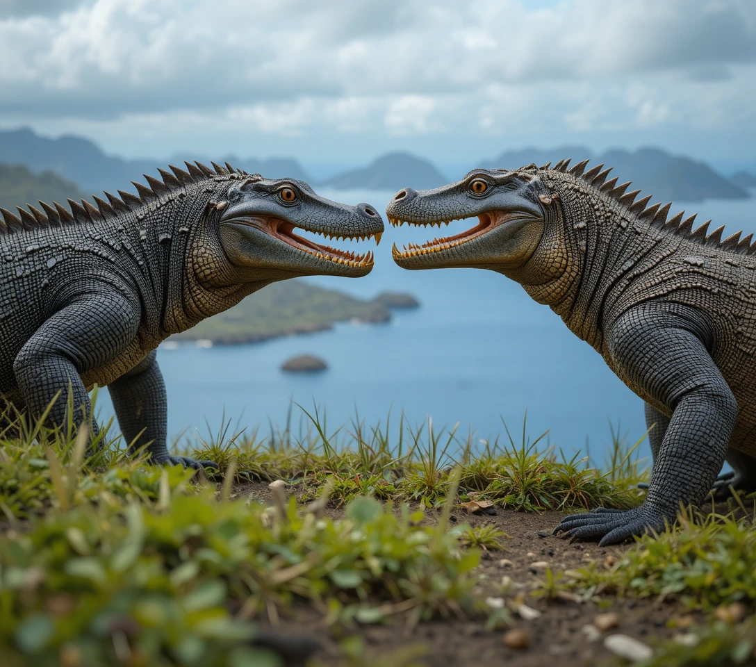Komodo dragons locked in combat on a grassy coastal hill